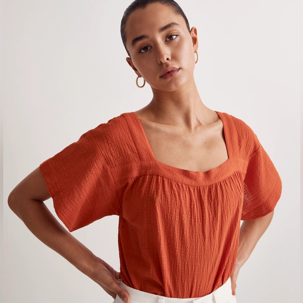 MADEWELL 🧡Square-Neck Short-Sleeve 
Popover Top in Windowpane